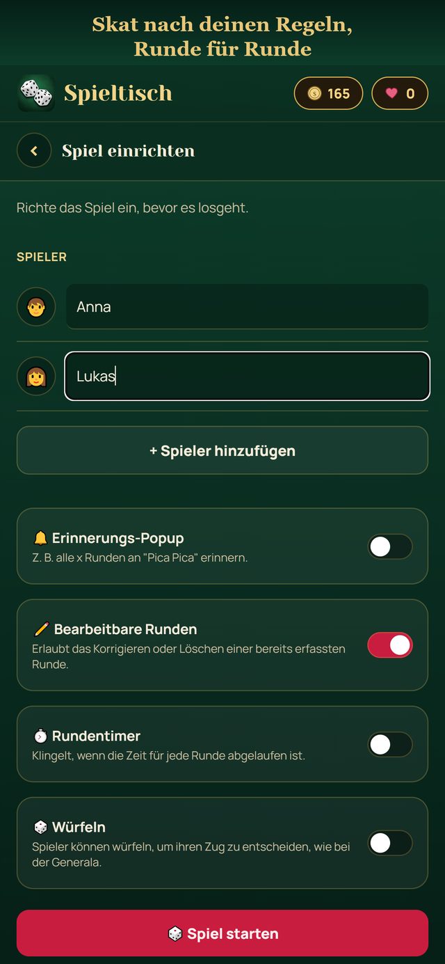Eine Skat-Partie einrichten: Spieler und Optionen