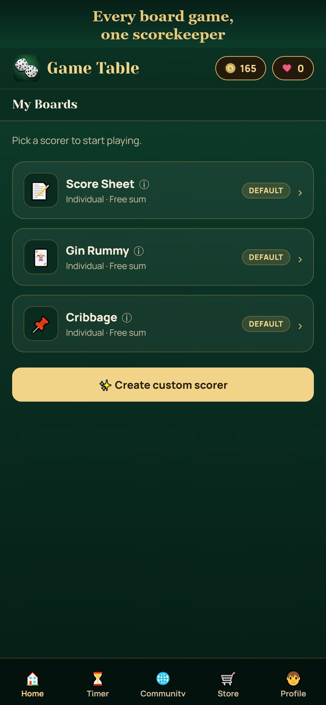 Home screen with the game boards, including Gin Rummy and Cribbage