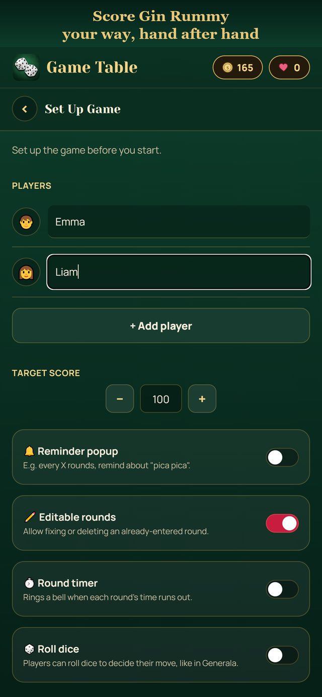 Setting up a Gin Rummy game: players and options