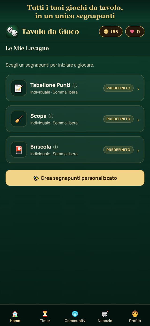 Schermata iniziale con i tabelloni di gioco, tra cui Scopa e Briscola