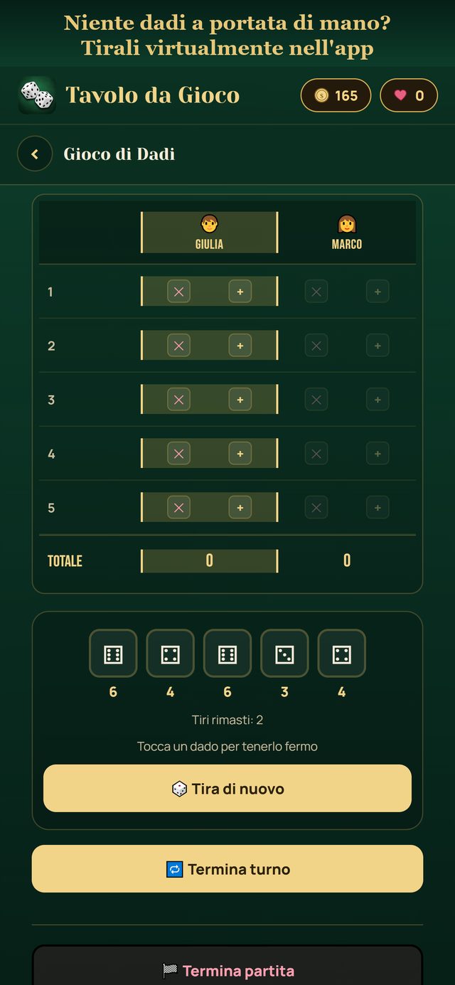 Dadi virtuali da lanciare nell'app