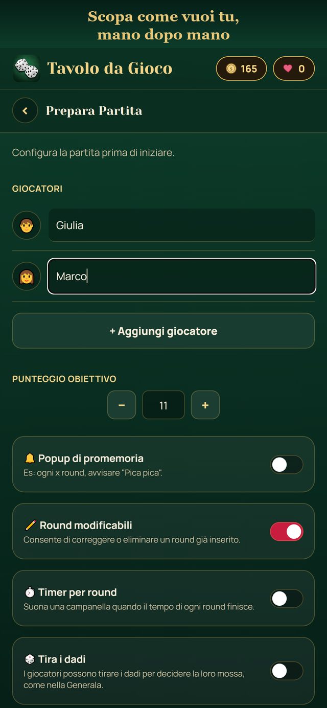 Preparare una partita di Scopa: giocatori e opzioni