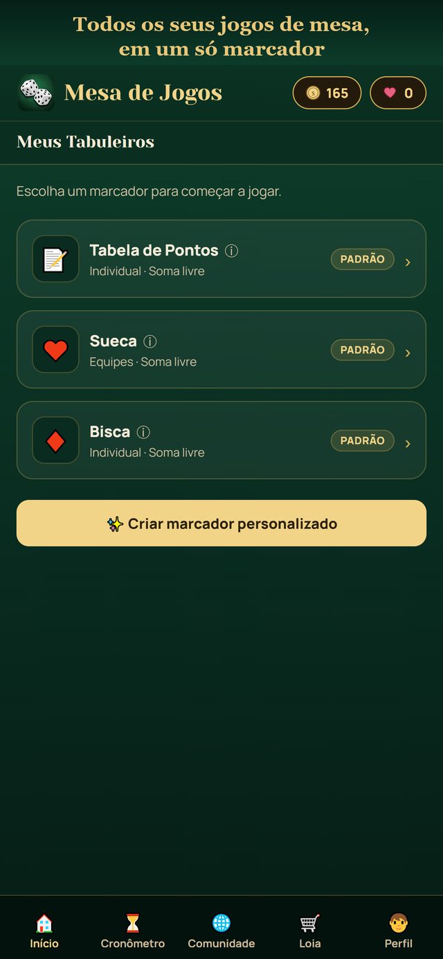 Tela inicial com os tabuleiros de jogo, incluindo Sueca e Bisca