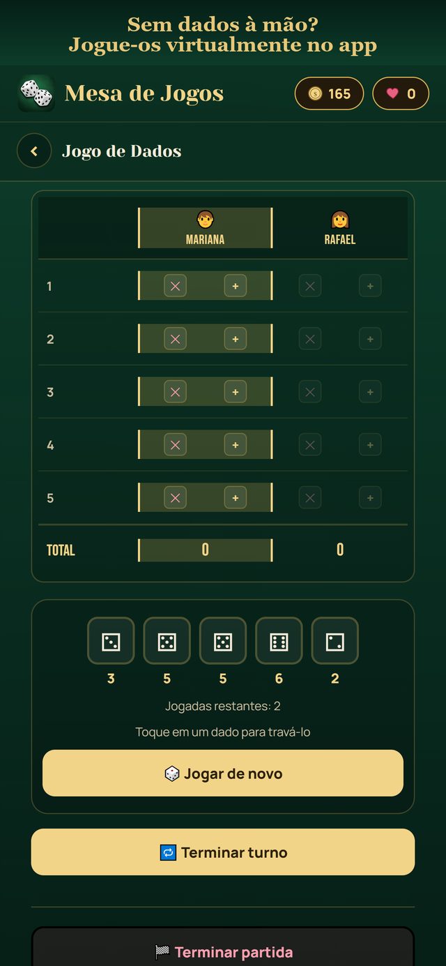 Dados virtuais para rolar dentro do app