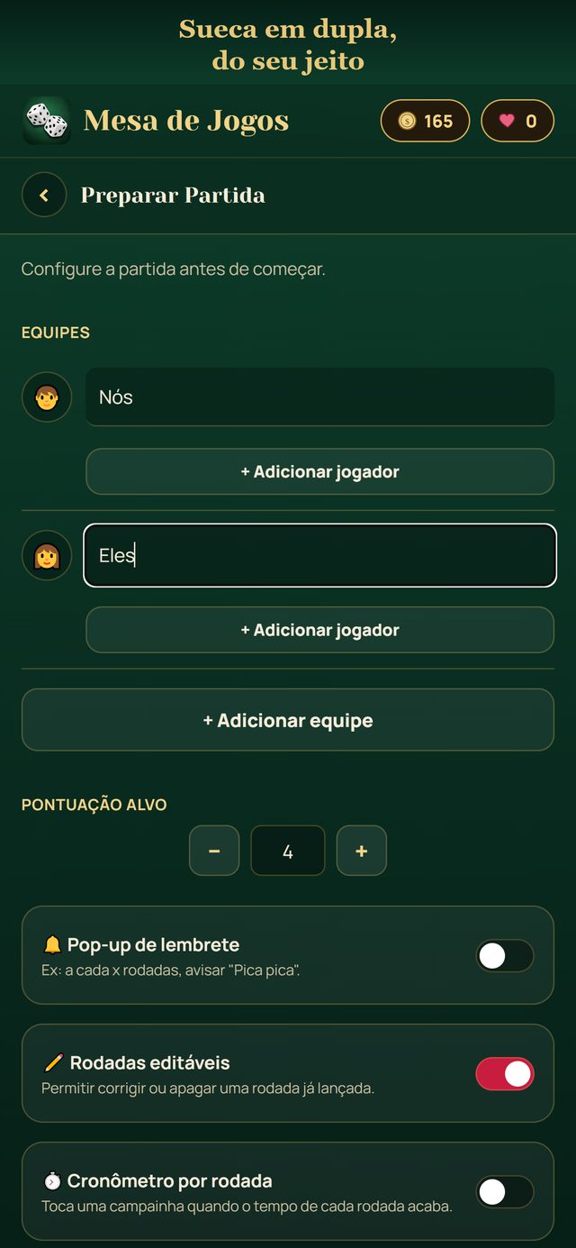 Preparar uma partida de Sueca: jogadores e opções