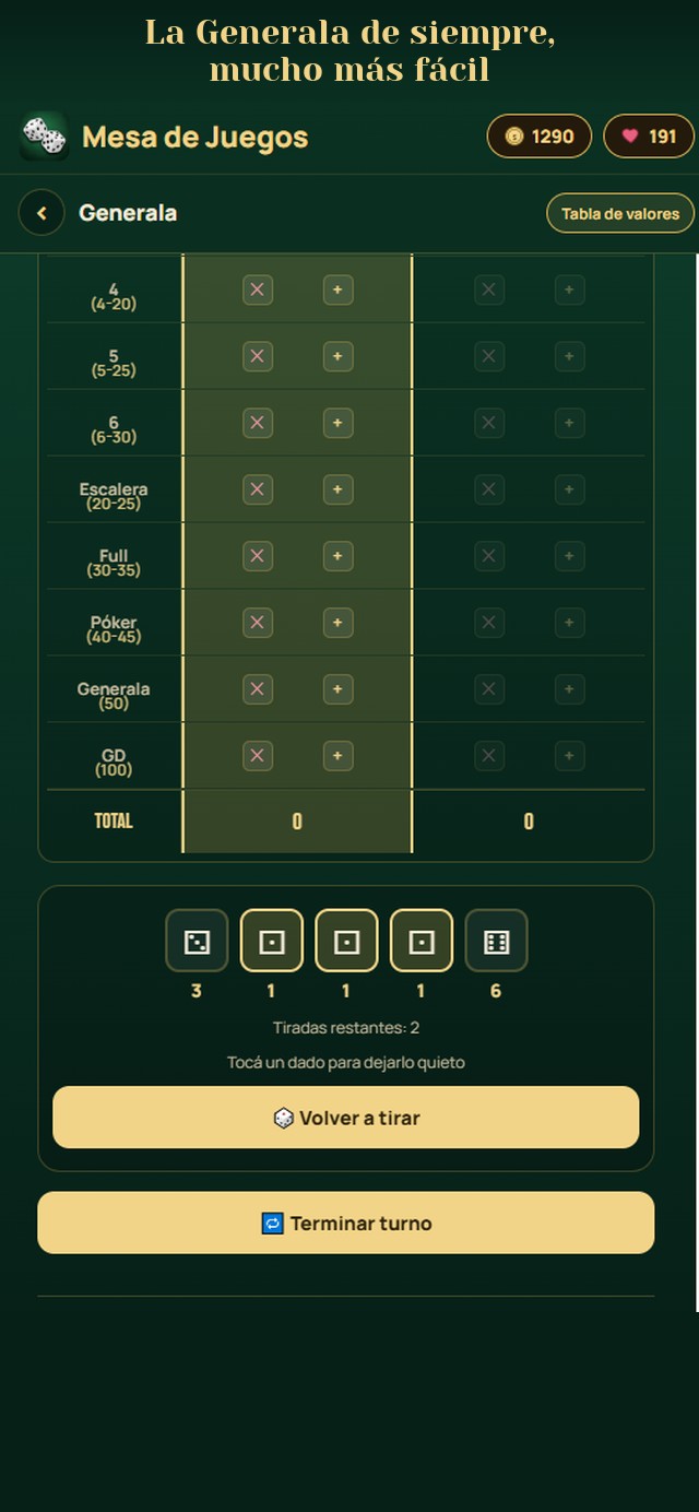Tabla de Generala con una columna fija por jugador
