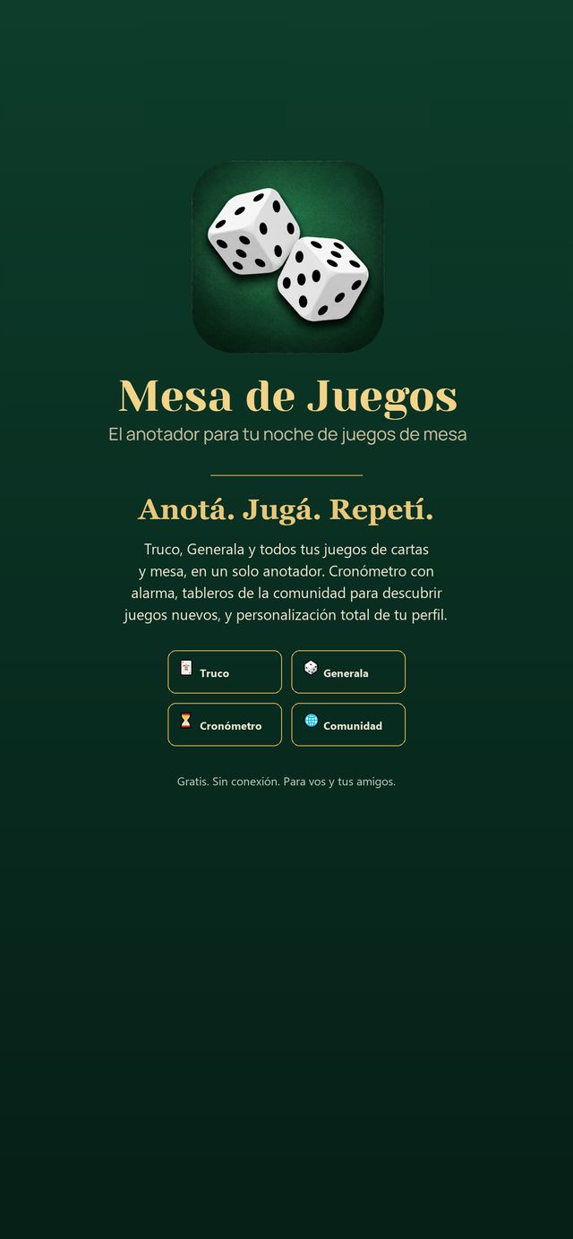 Pantalla de inicio de la app Mesa de Juegos con los tableros de juego