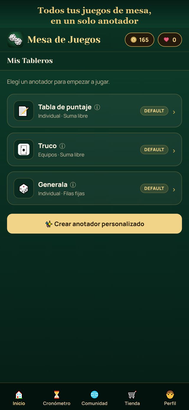 Pantalla de inicio con los tableros de juego