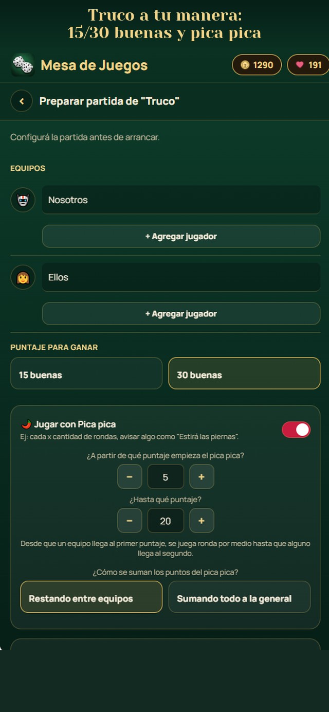 Preparar una partida de Truco: equipos y puntaje